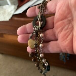 Multi-Strand Charm lariat Necklace with Brown Beads, Gold Heart & Pearls